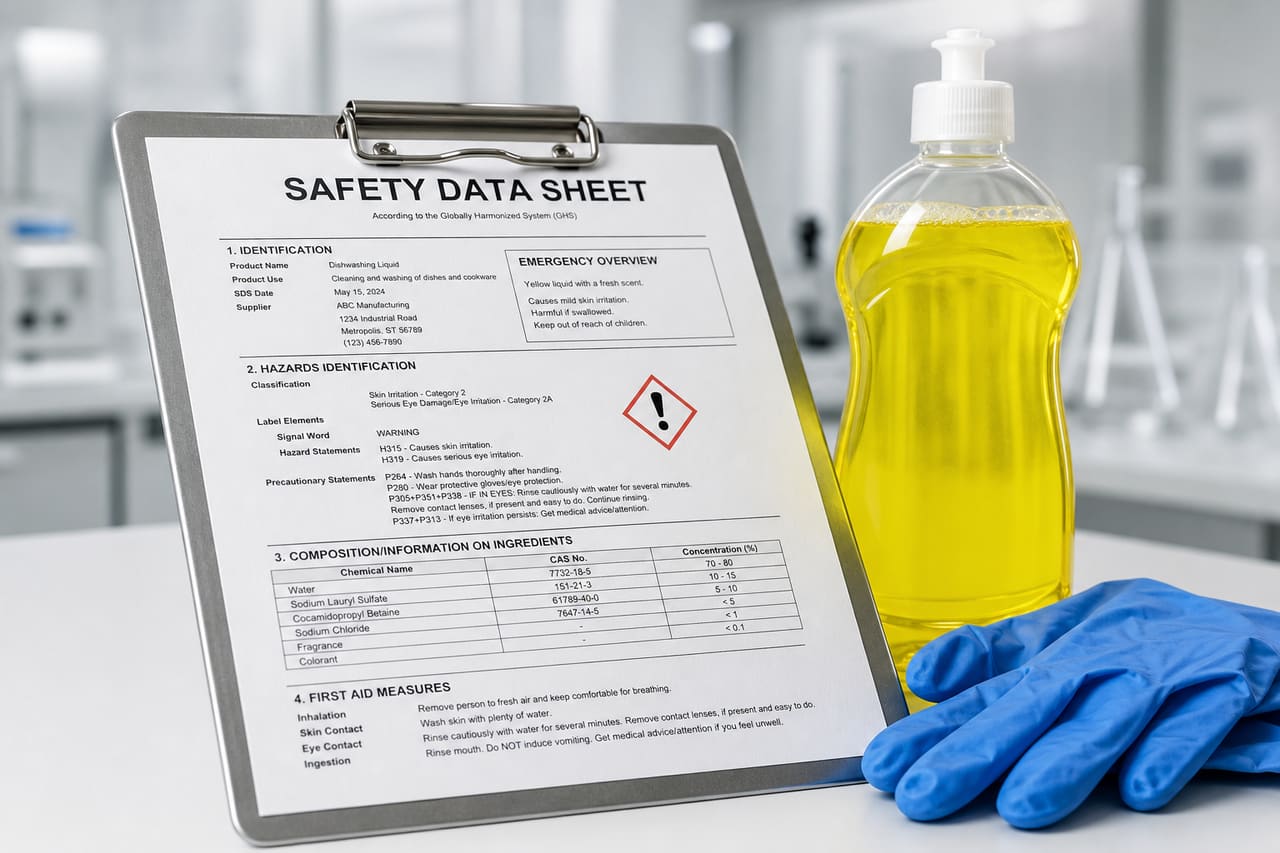 Safety Data Sheet for Dishwashing Liquid on a Laboratory Clipboard