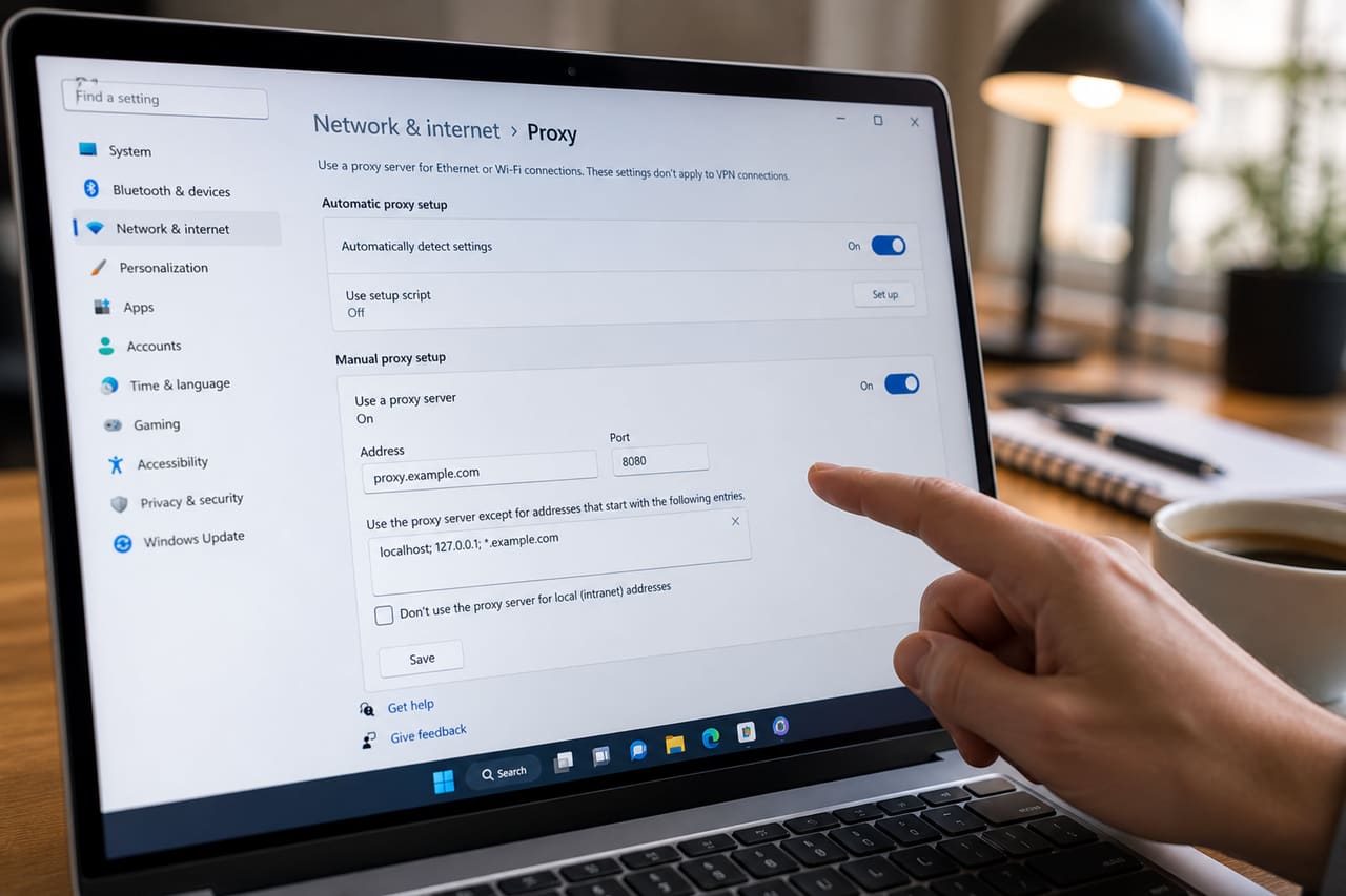 Person Accessing Proxy Server Settings on a Laptop