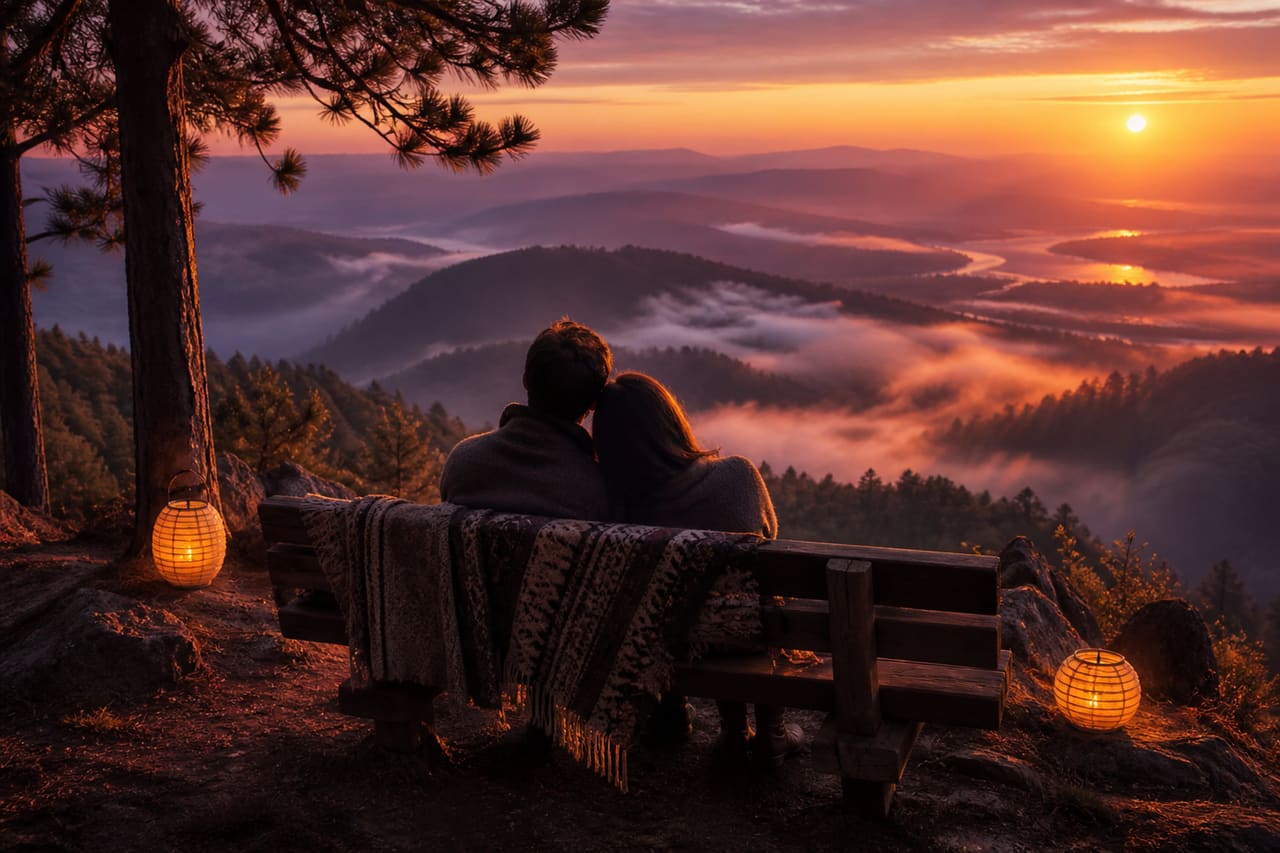 Couple Sitting at a Scenic Mountain Overlook During Golden Hour Sunset