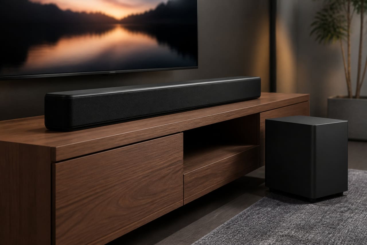 Home Theater Soundbar and Wireless Subwoofer on Modern TV Stand