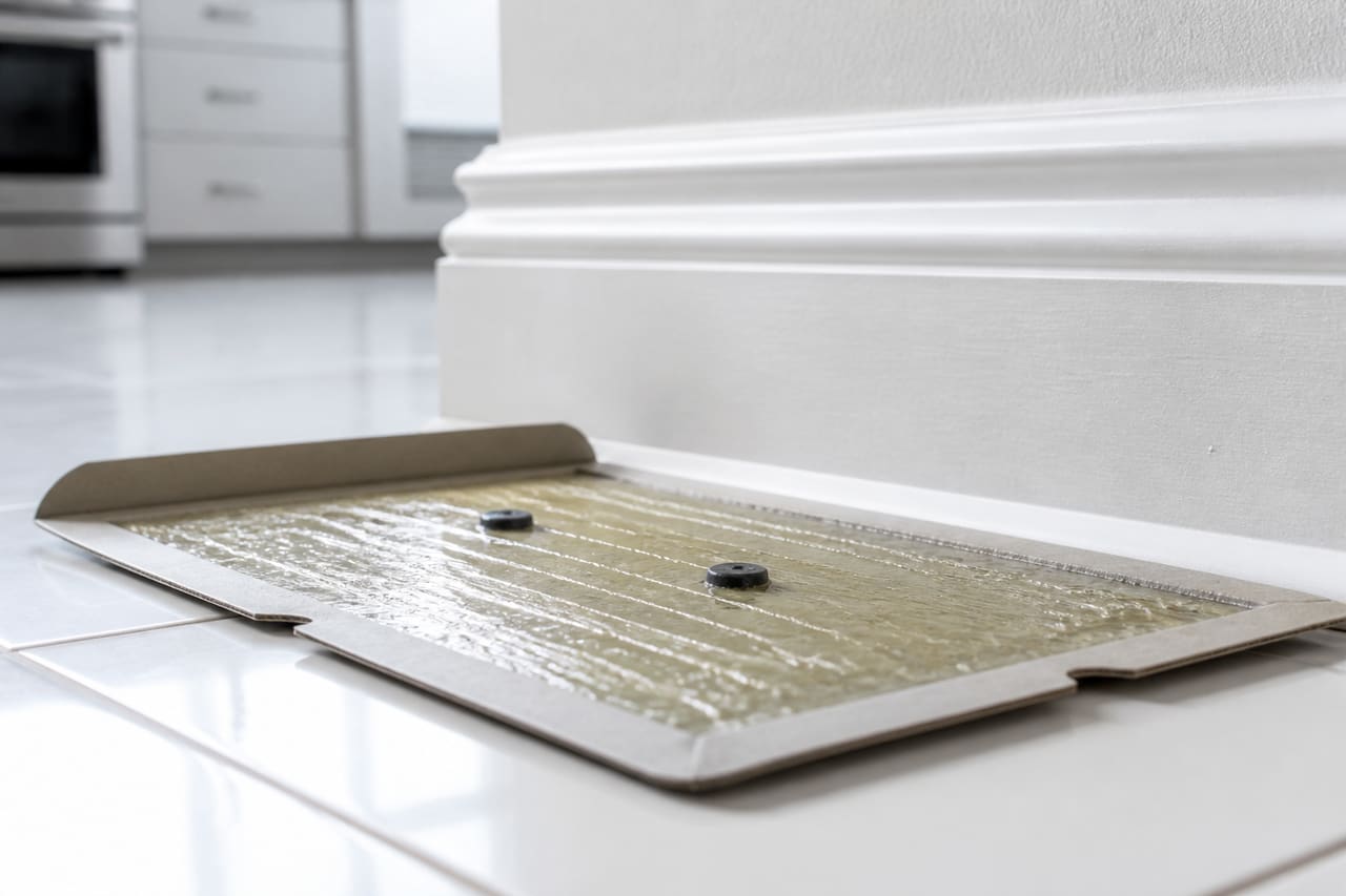 Sticky Board Mouse Trap Placed Along a Kitchen Baseboard