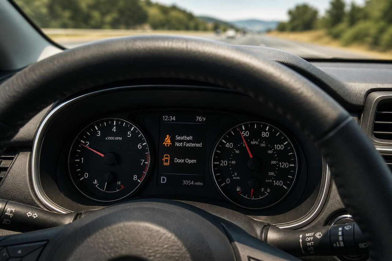 Digital Dashboard Warning Alert Inside a Moving Vehicle