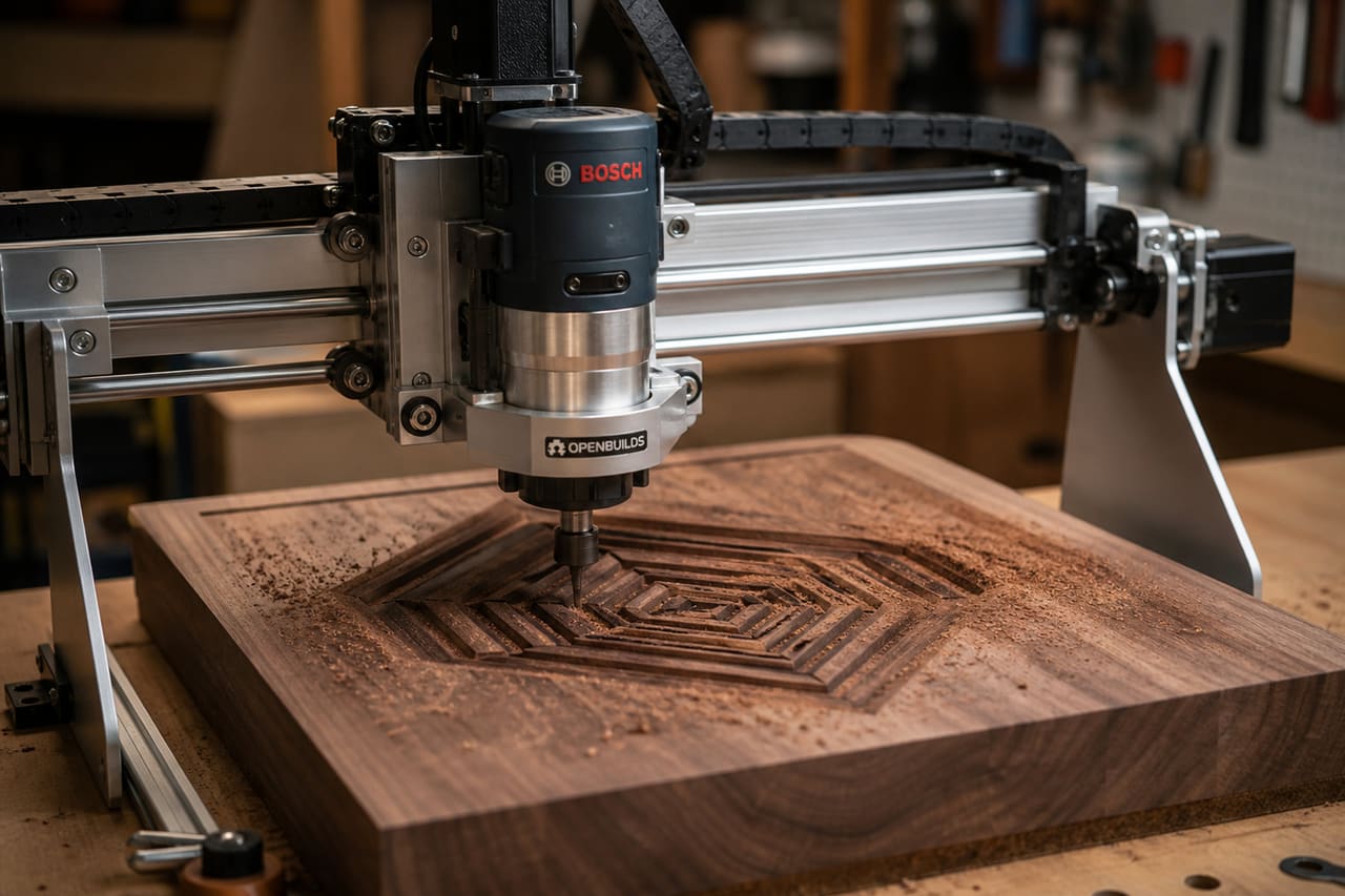 Portable Cnc Wood Router Carving Geometric Pattern in Walnut