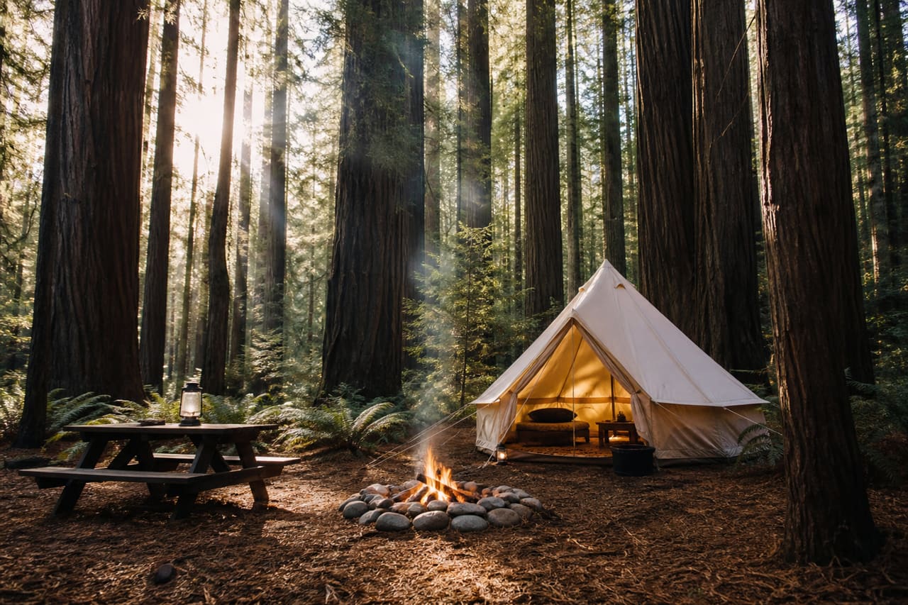 Canvas Tent and Campfire at Ramblin' Redwoods Campground
