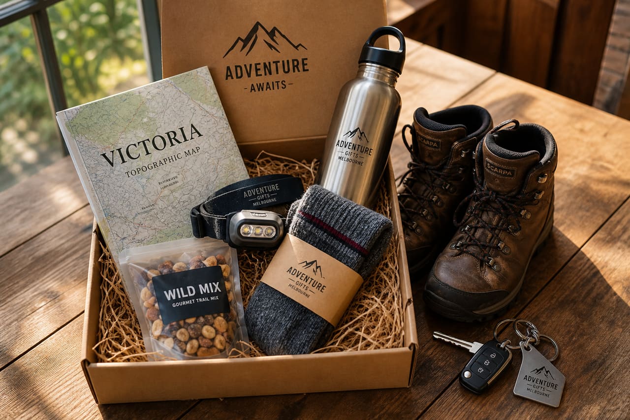 Curated Adventure Gift Hamper with Hiking Gear on Wooden Table