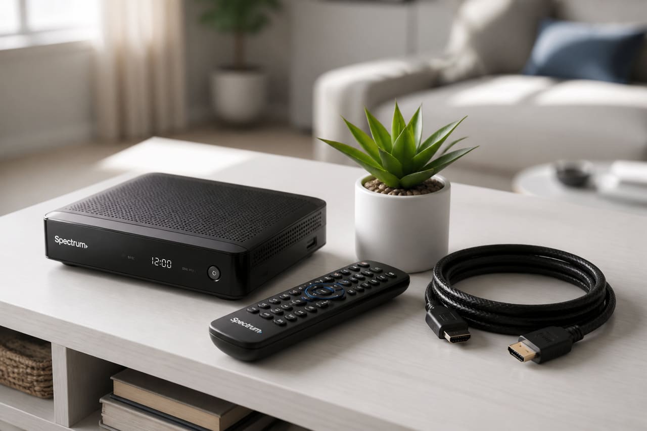 Spectrum Wireless Cable Box and Remote on a Minimalist Stand