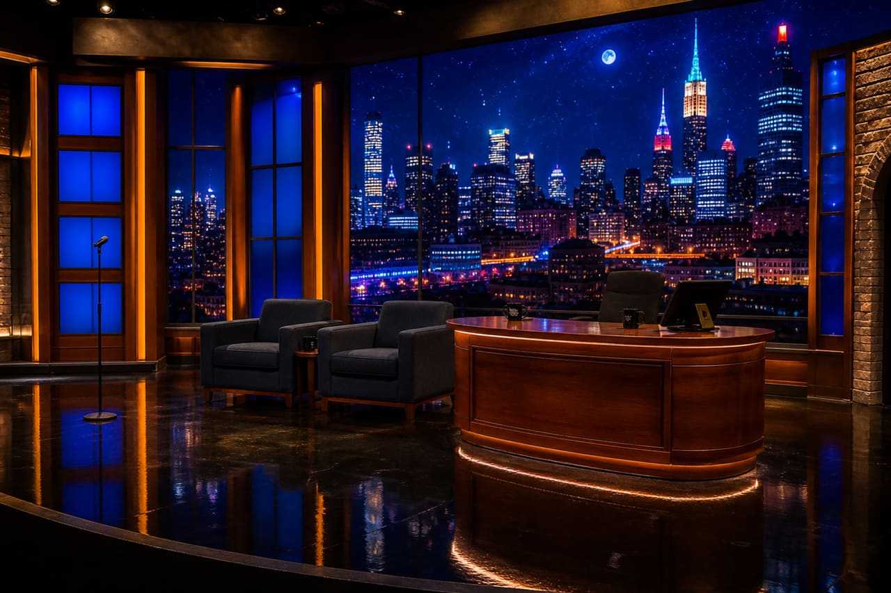 Empty Late Night Talk Show Set with City Backdrop