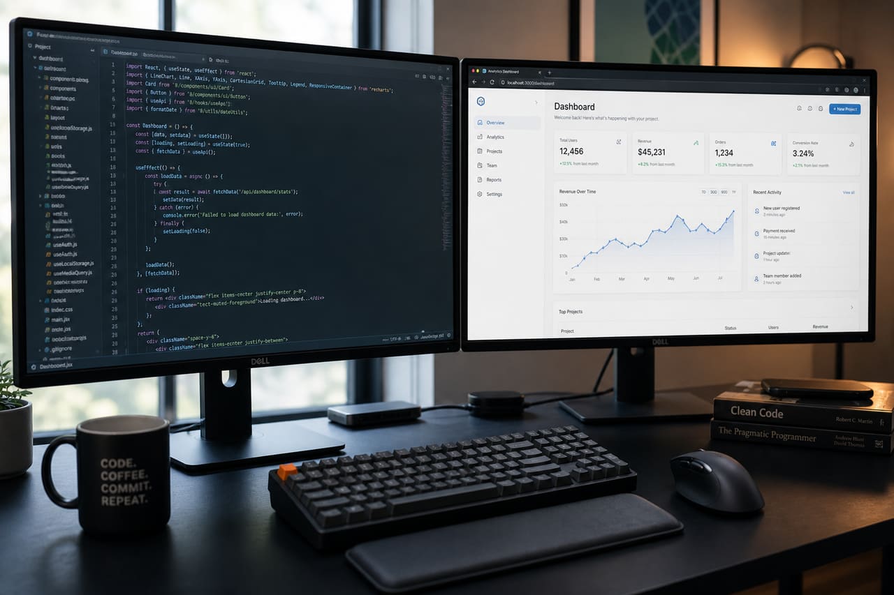 Developer Coding a React Application on a Dual Monitor Setup