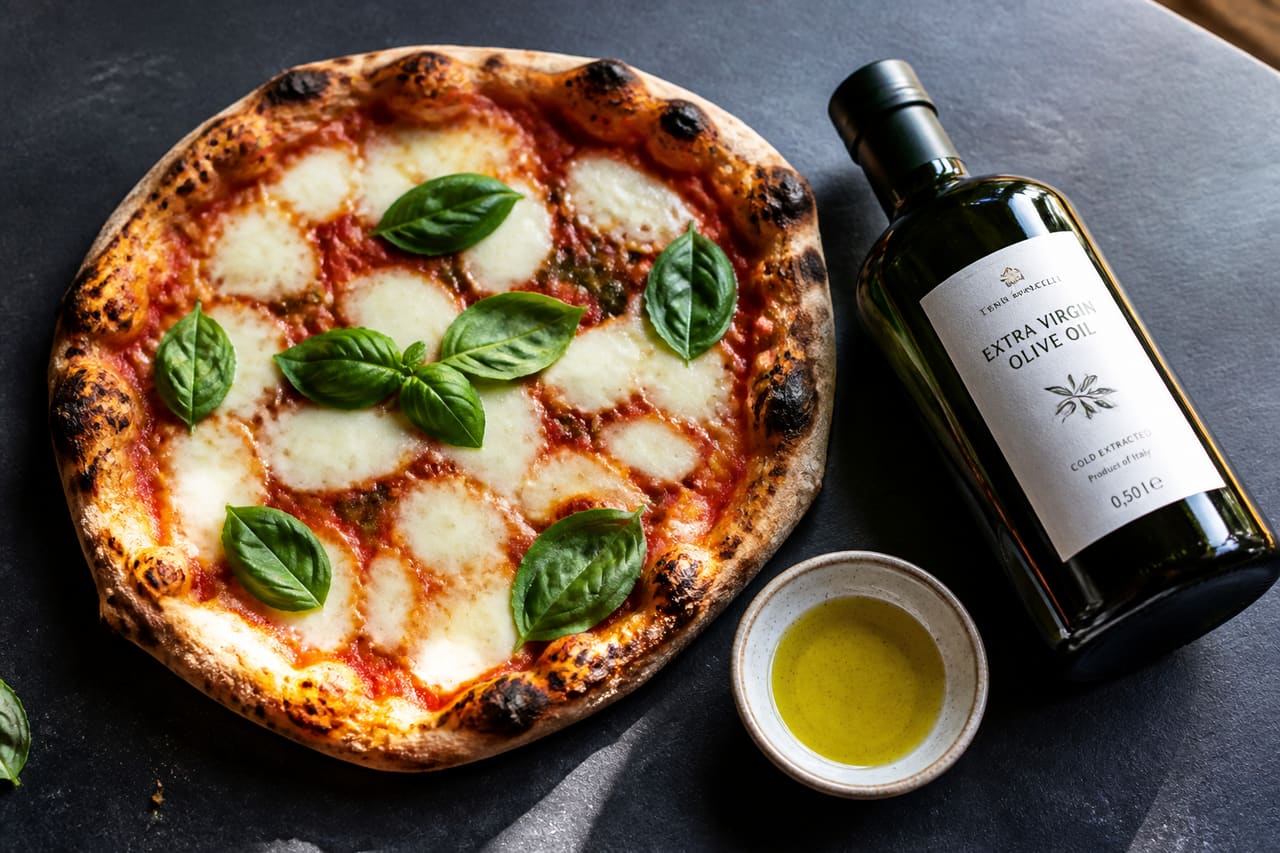 Bottle of Extra Virgin Olive Oil Next to Fresh Homemade Pizza