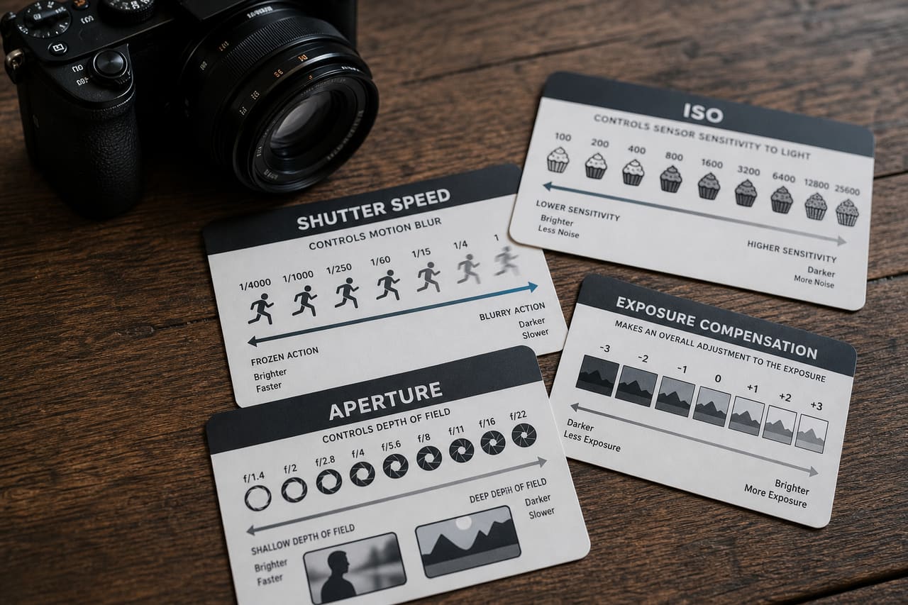 Set of Photography Cheat Sheet Cards on a Wooden Table