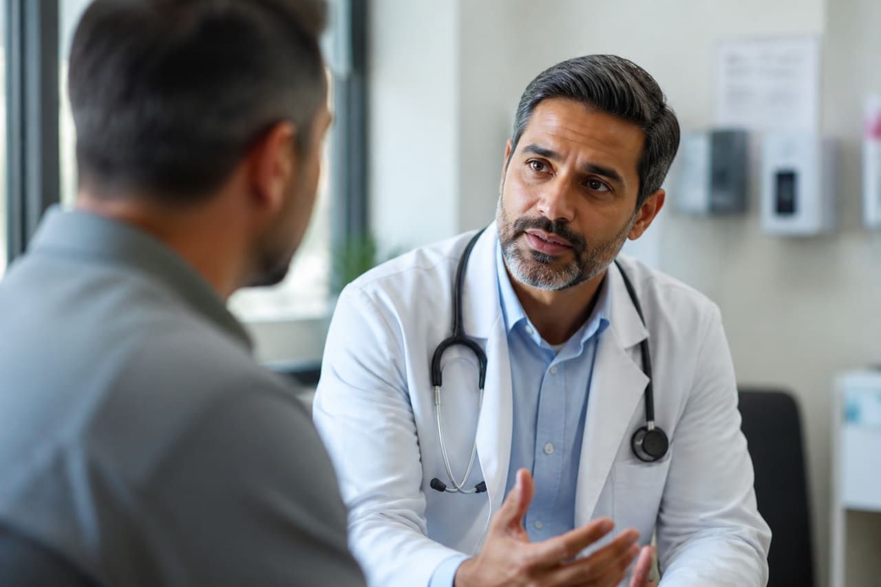 Friendly Doctor Consulting with Patient in Modern Clinic