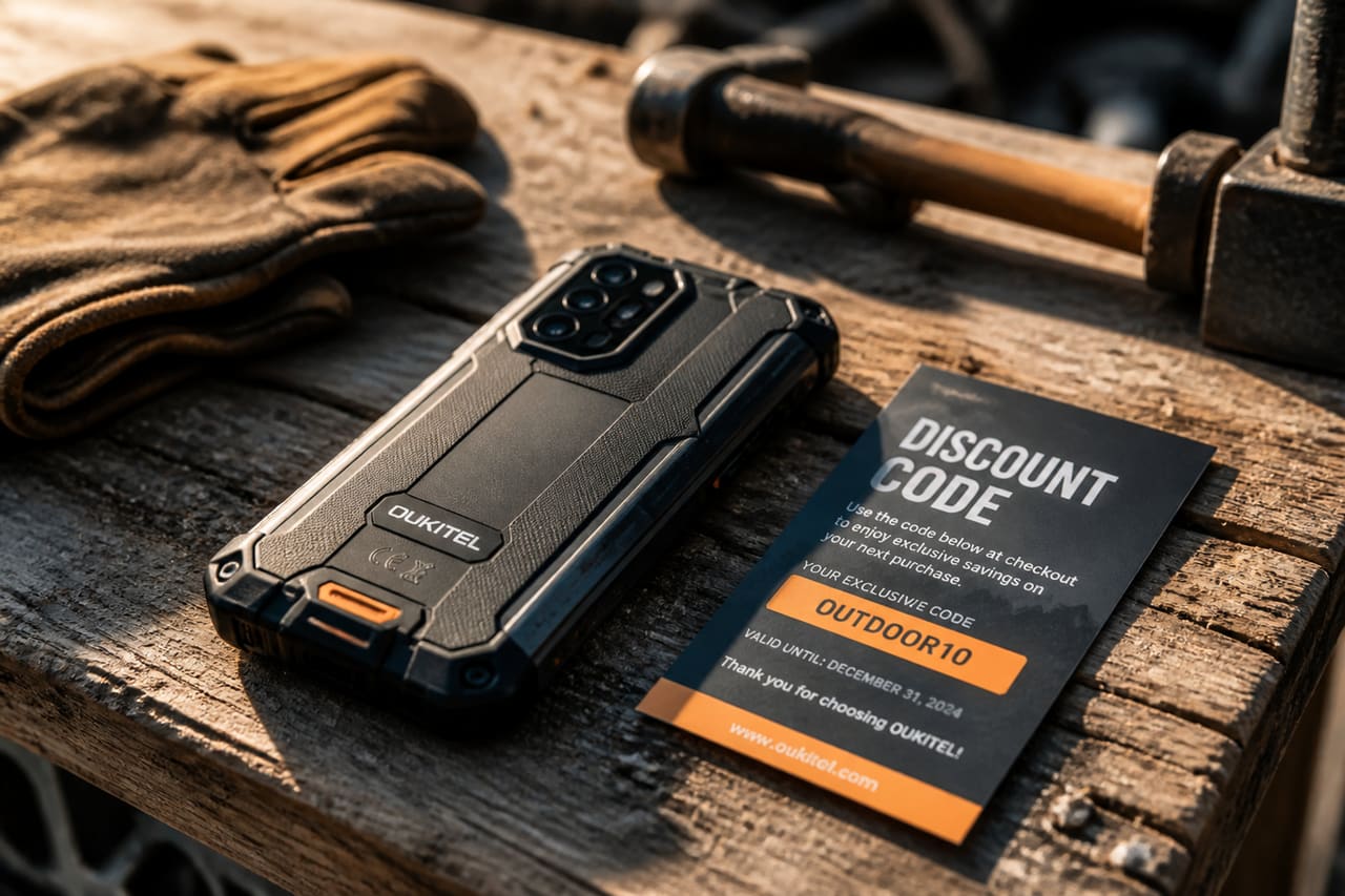Rugged Smartphone and Discount Voucher on Industrial Workbench