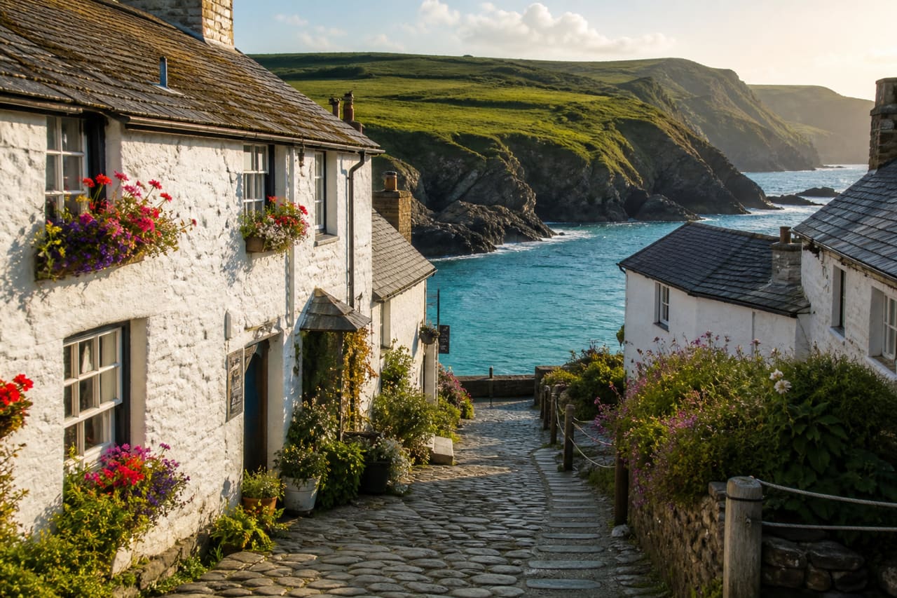 Traditional Whitewashed Cottages in a Cornish Coastal Village