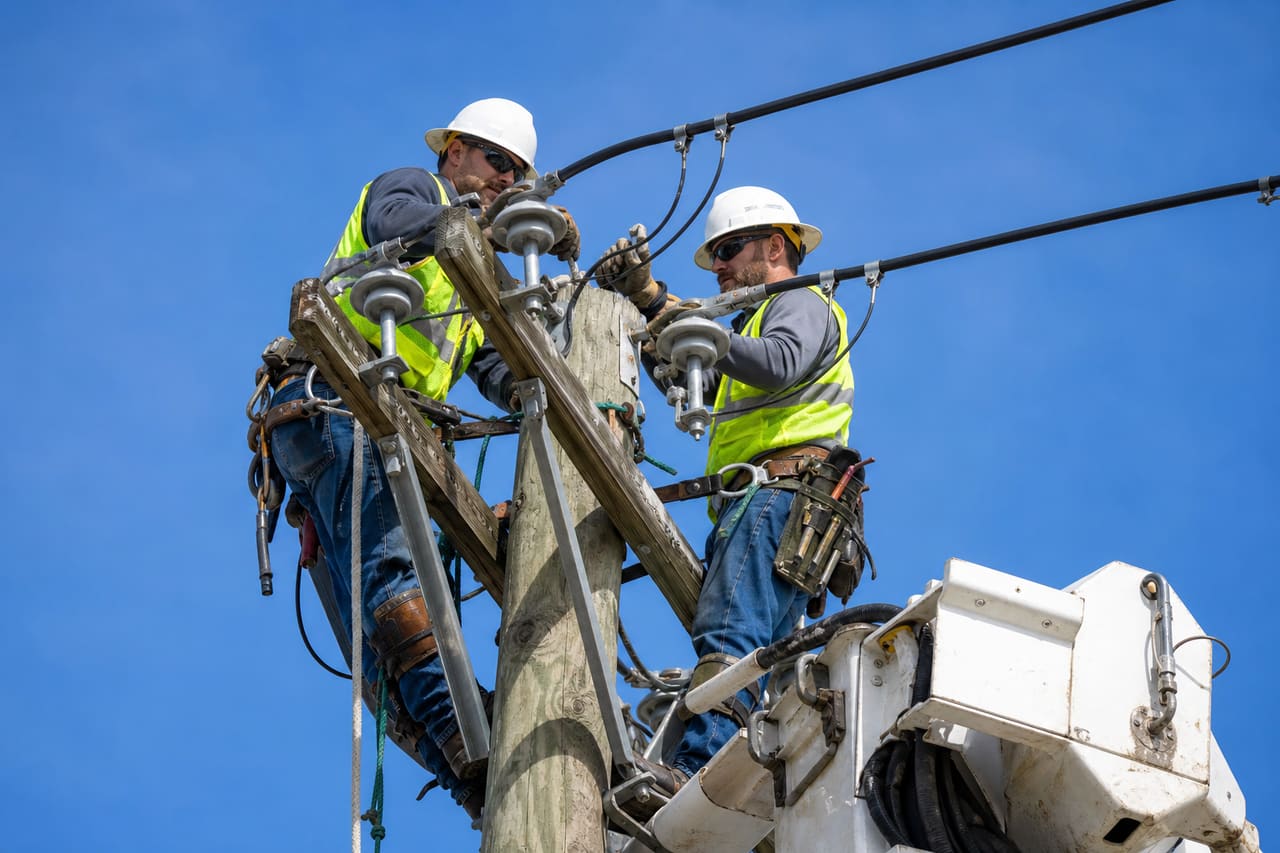 Electricians Installing Power Lines on a Utility Pole