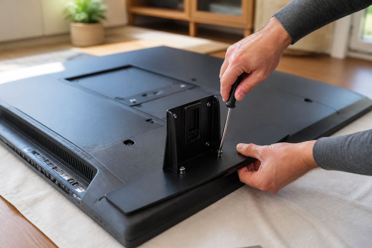 Person Installing a Replacement Base Stand on a Television