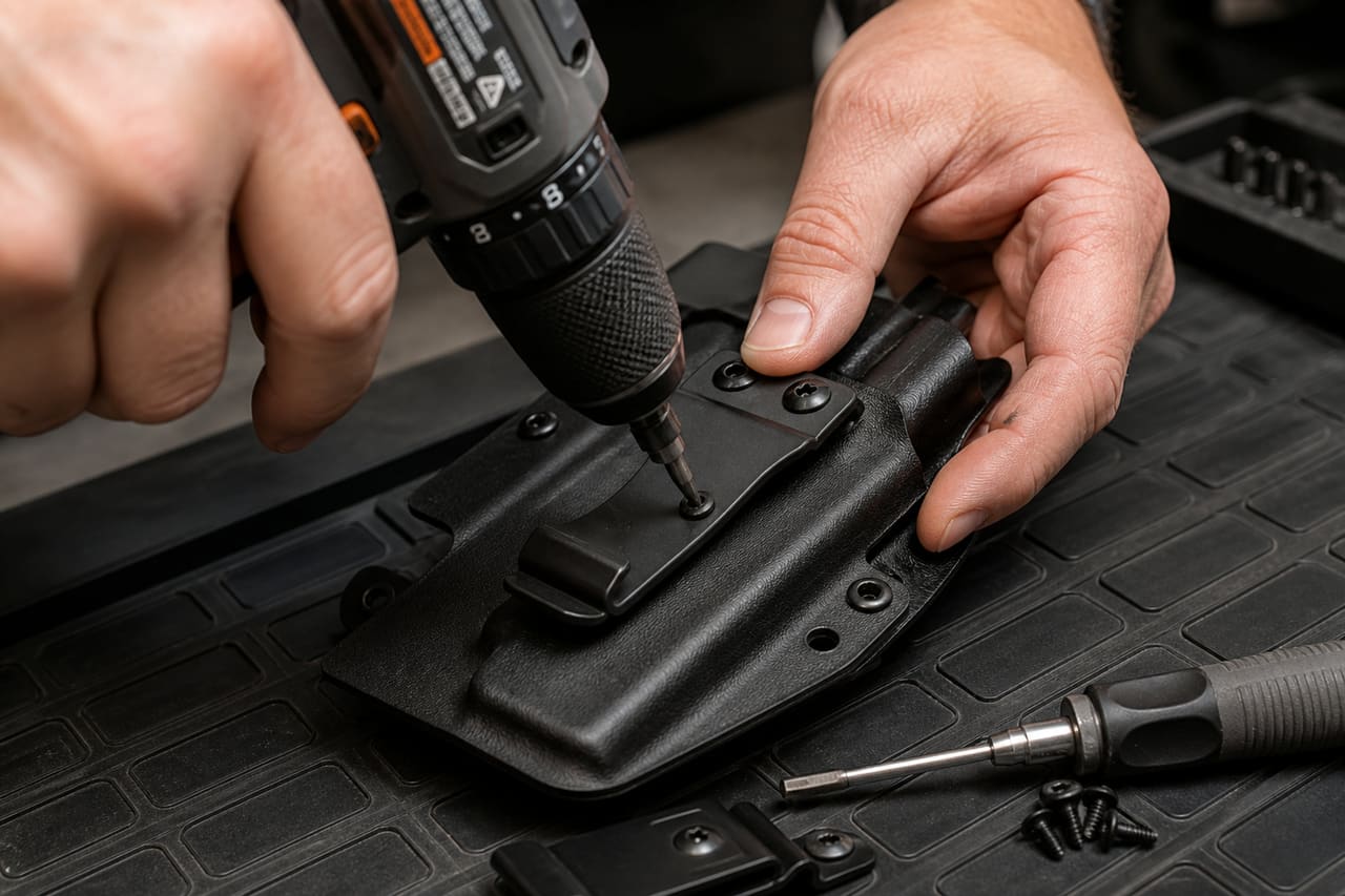 Hands Attaching a Belt Clip to a Kydex Holster