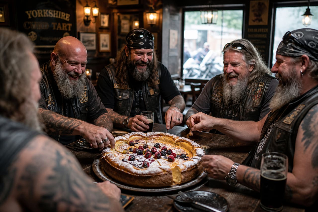 Bearded Bikers Sharing a Yorkshire Curd Tart in a Pub