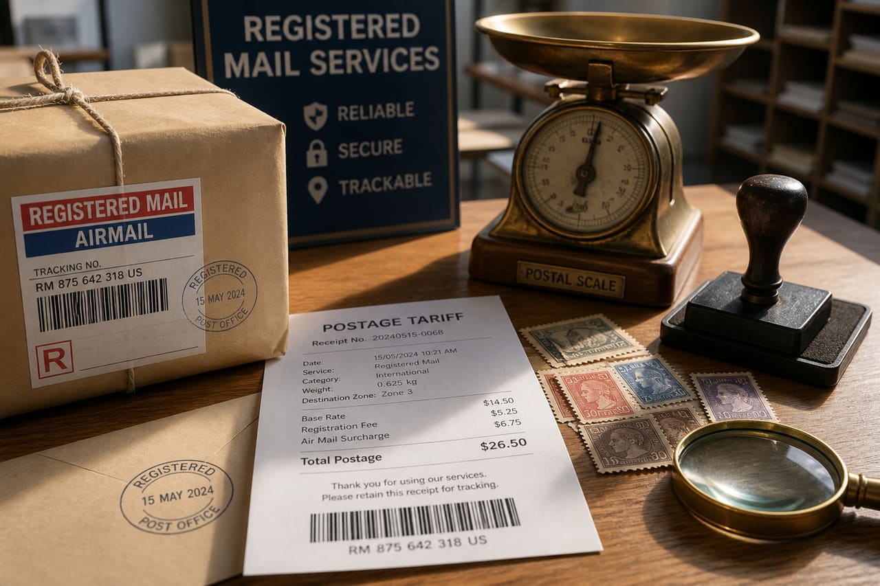 Registered Mail Parcel with Postage Stamps and Official Receipt
