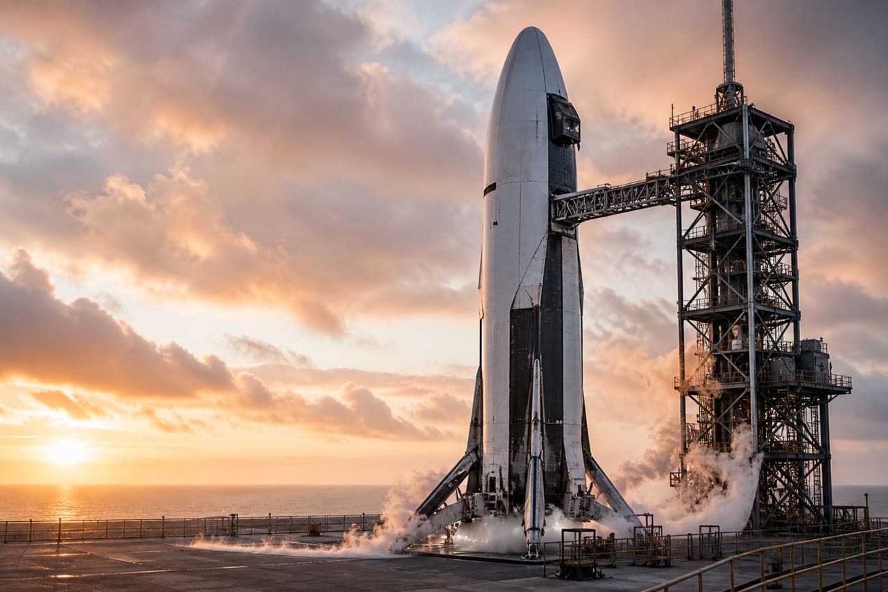 Reusable Launching Vehicle Standing on Coastal Launch Pad
