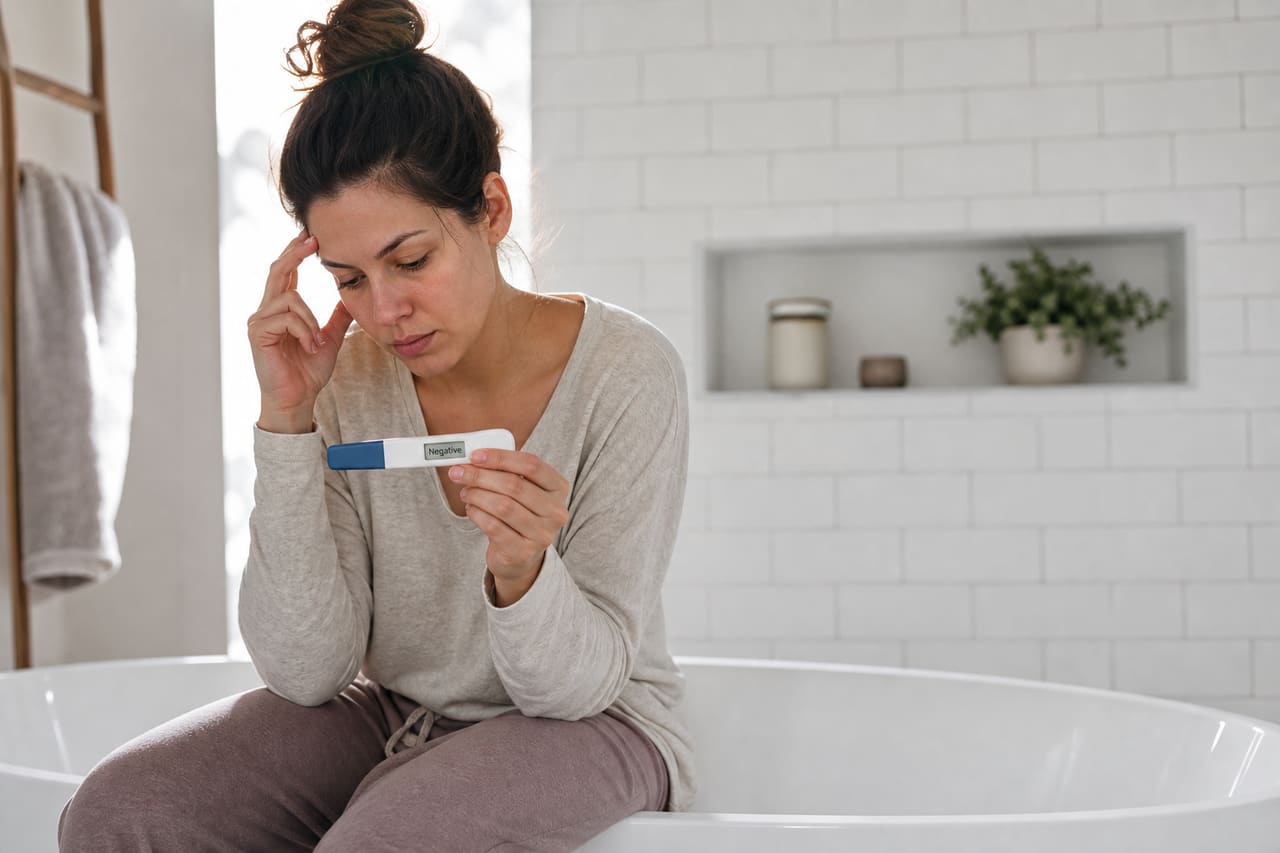 Woman Looking Confused at Negative Pregnancy Test in Bathroom