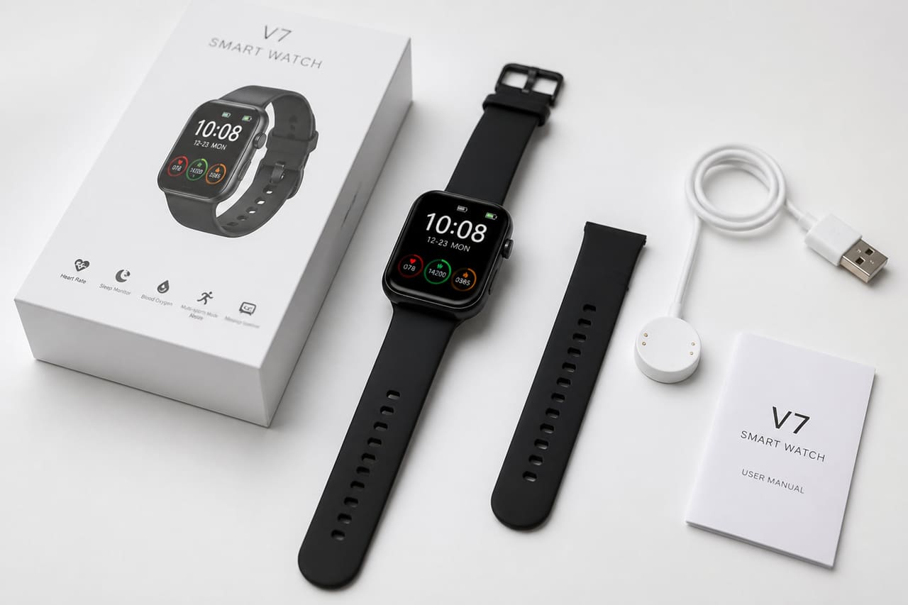 Smartwatch and Accessories Arranged from Retail Packaging