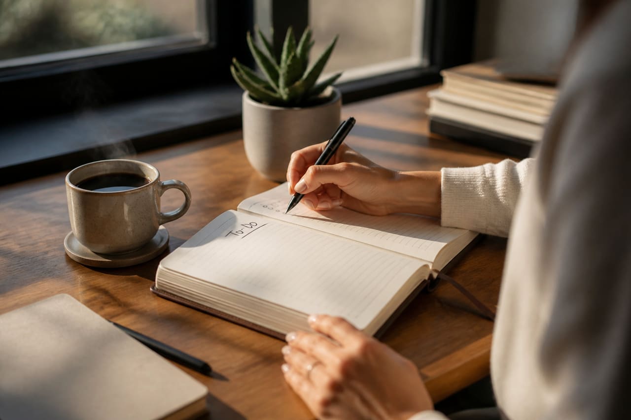 Person Organizing a Planner on a Sunny Wooden Desk