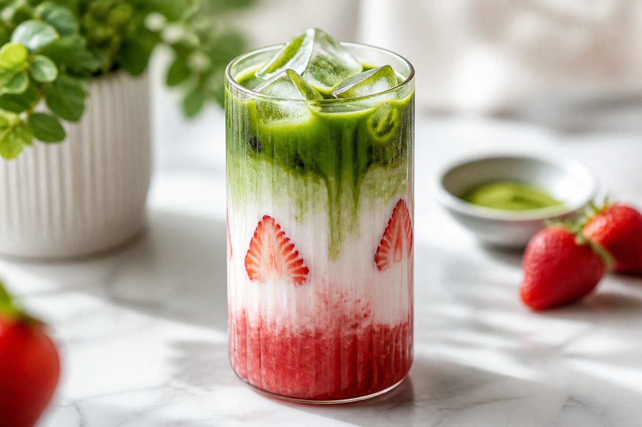 Iced Strawberry Matcha Latte with Fresh Berries