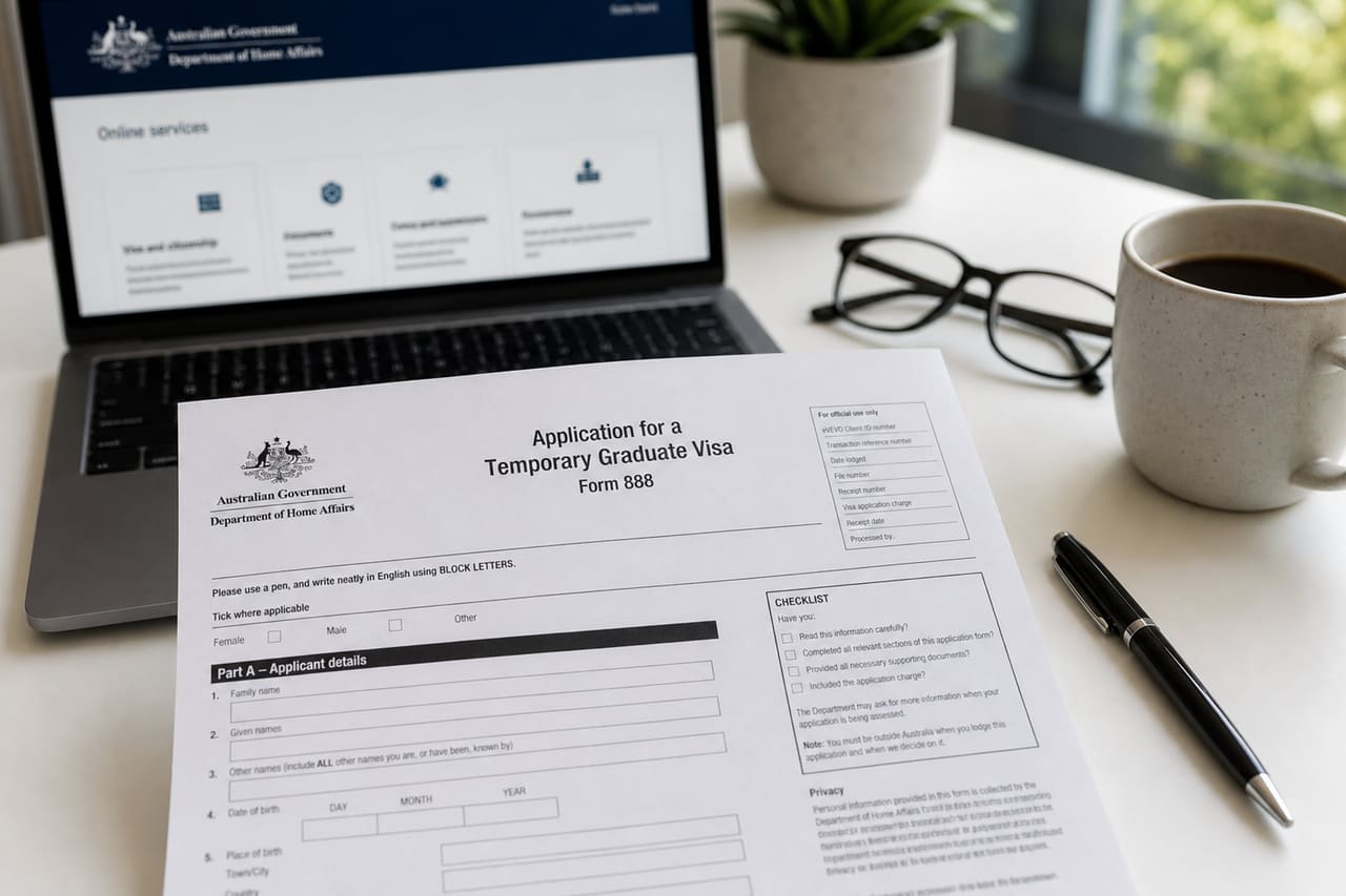Australian Visa Application Form 888 on Professional Office Desk