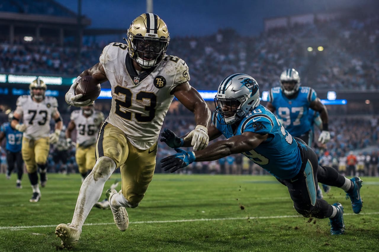 Professional Football Players Competing During a Game in a Stadium