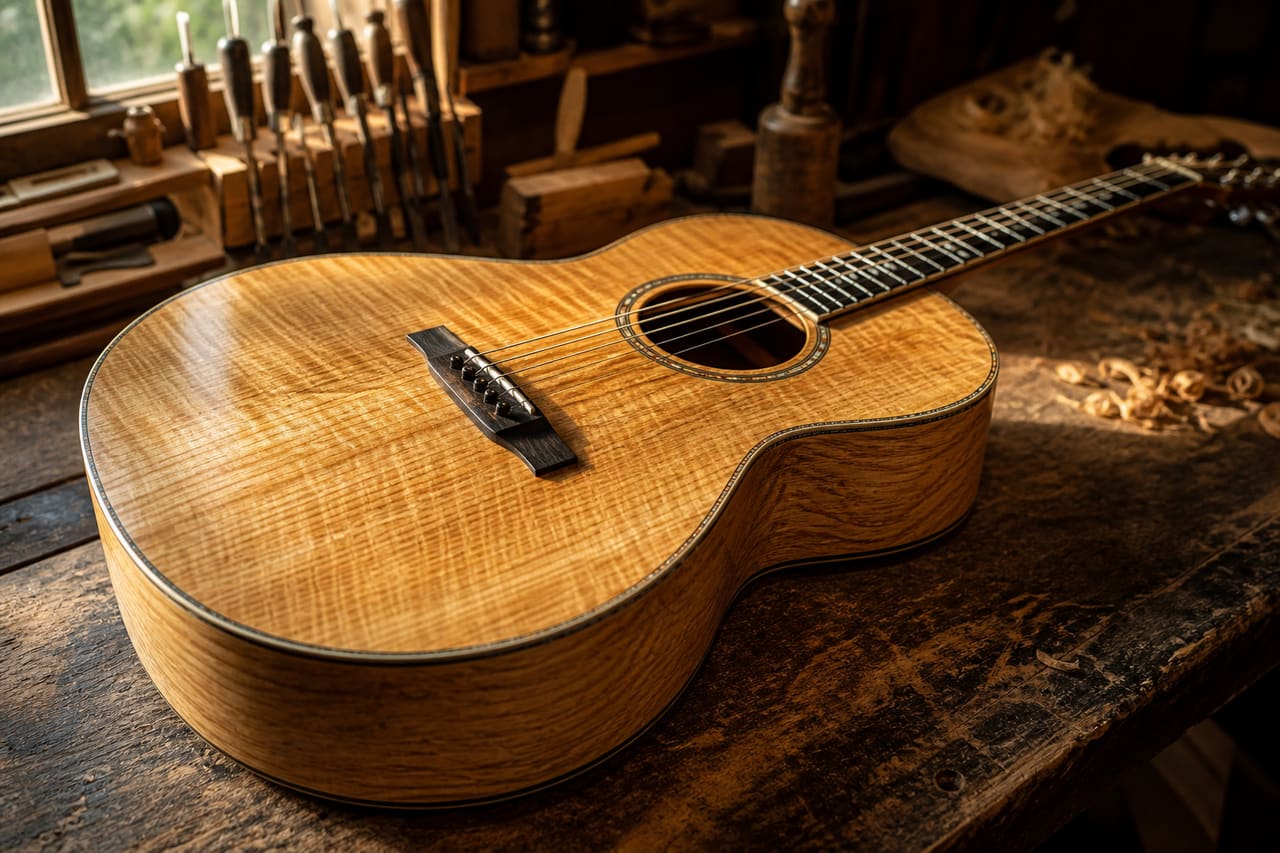 Acoustic Guitar Crafted from Gopher Wood on a Luthier's Workbench