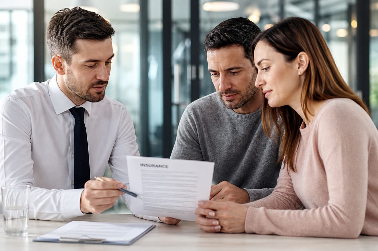 Professional Insurance Agent Explaining Policy Documents to a Couple