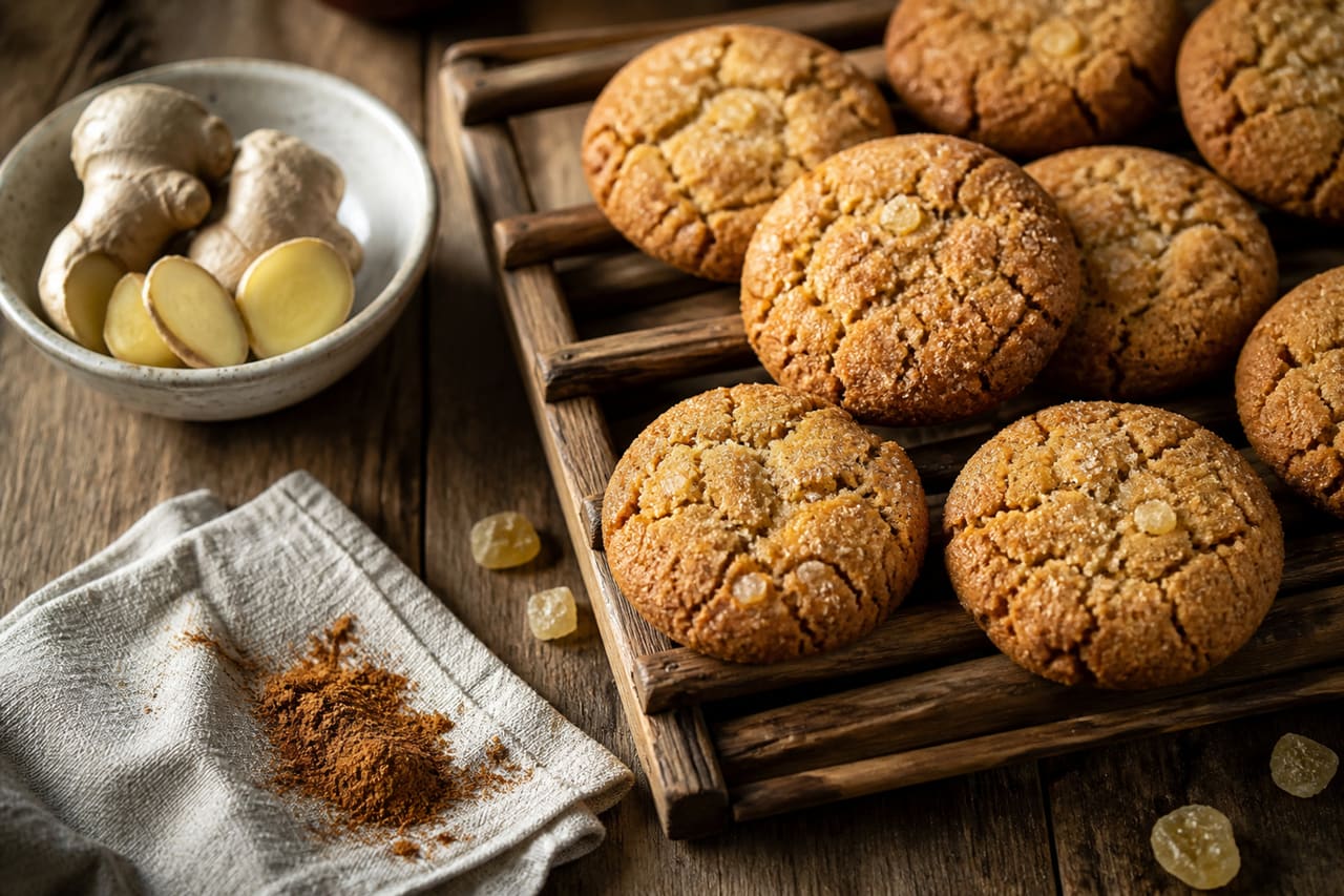 Homemade Easy Ginger Crunch Cookies on a Wooden Cooling Rack