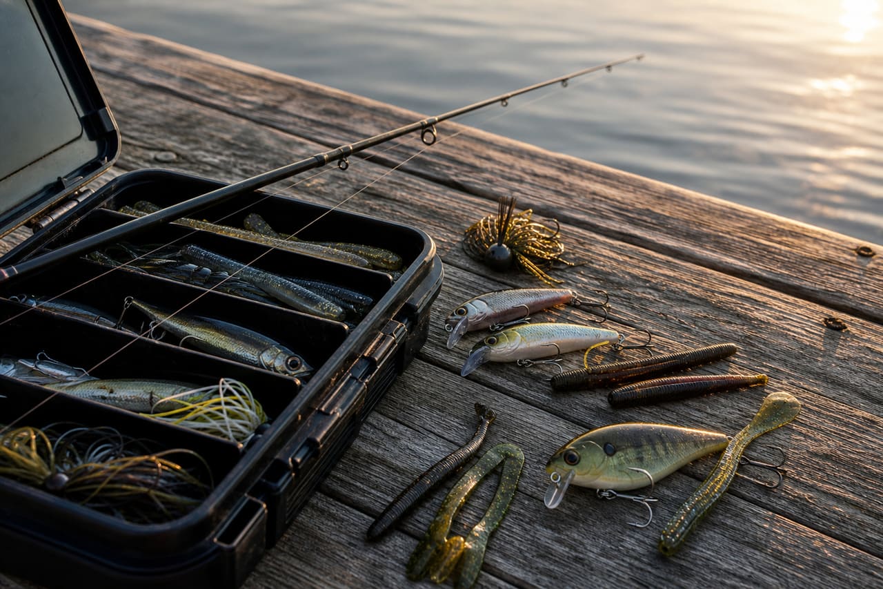 Megabass Tackle Style Lures on a Lakeside Dock
