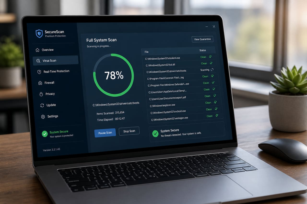 Laptop Displaying Online Virus Scanning Interface on Wooden Desk