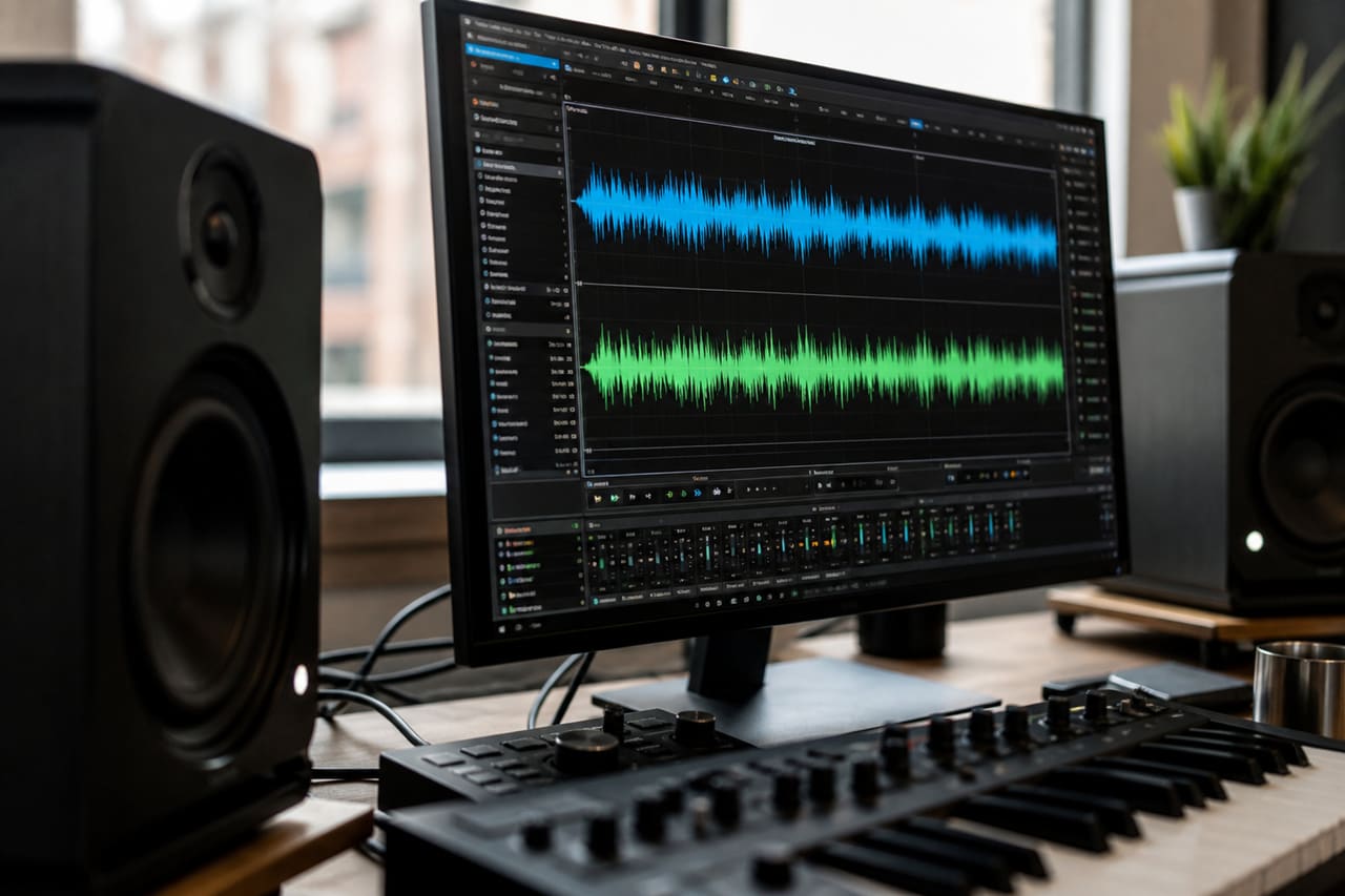 Audio Waveform of a Wav Sound Clip on Studio Monitor