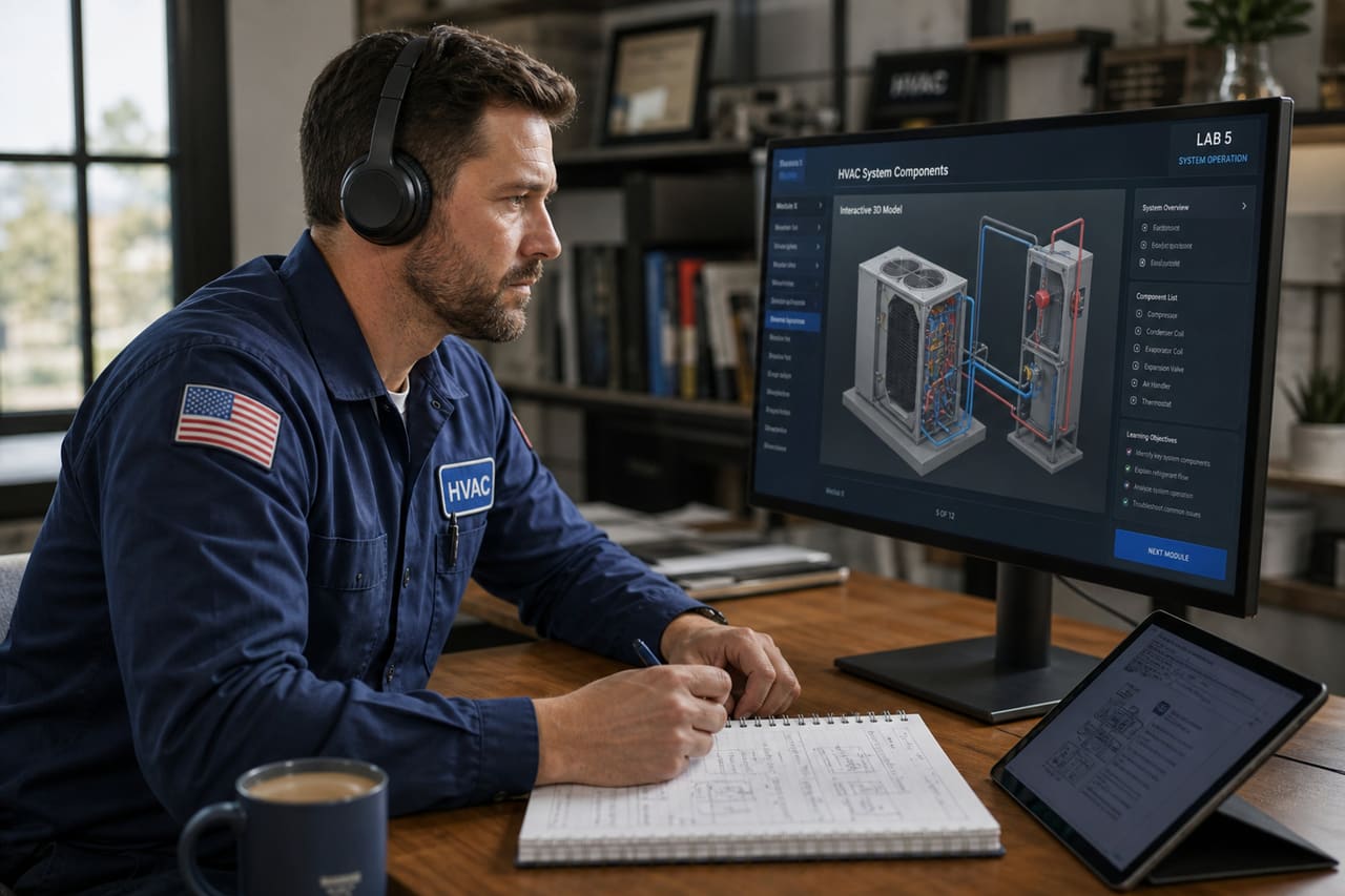 Hvac Technician Completing Online Training at a Desk