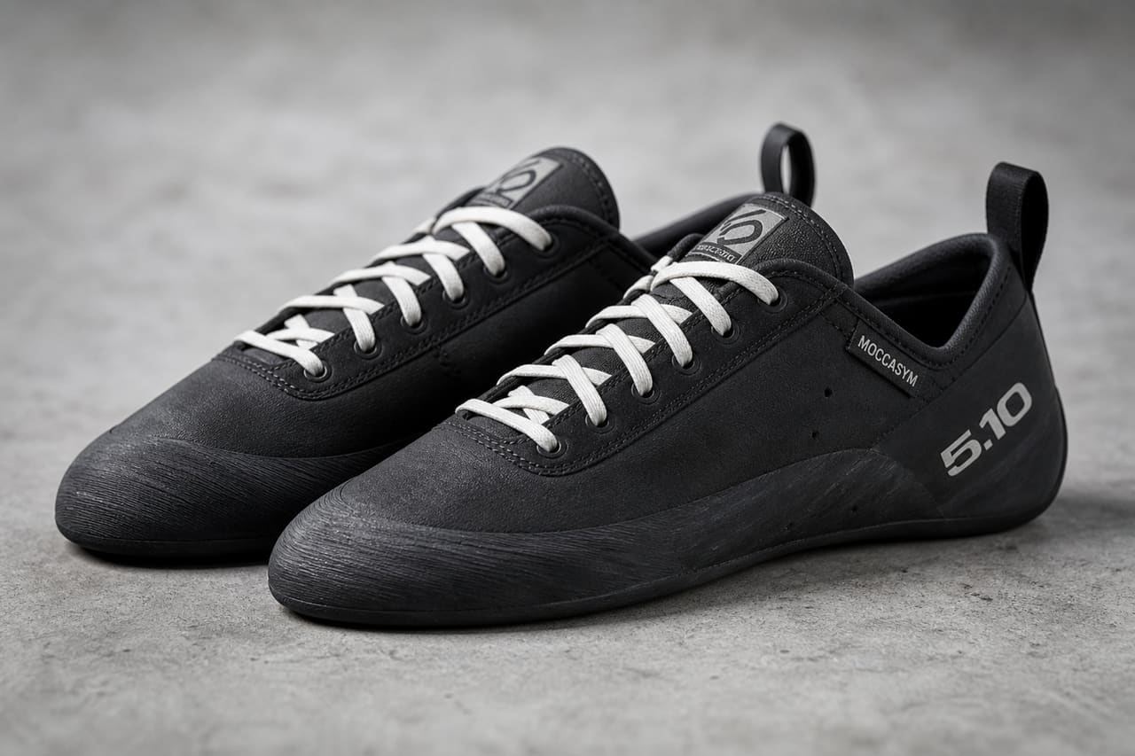 Five Ten Moccasym Climbing Shoes on Concrete Surface