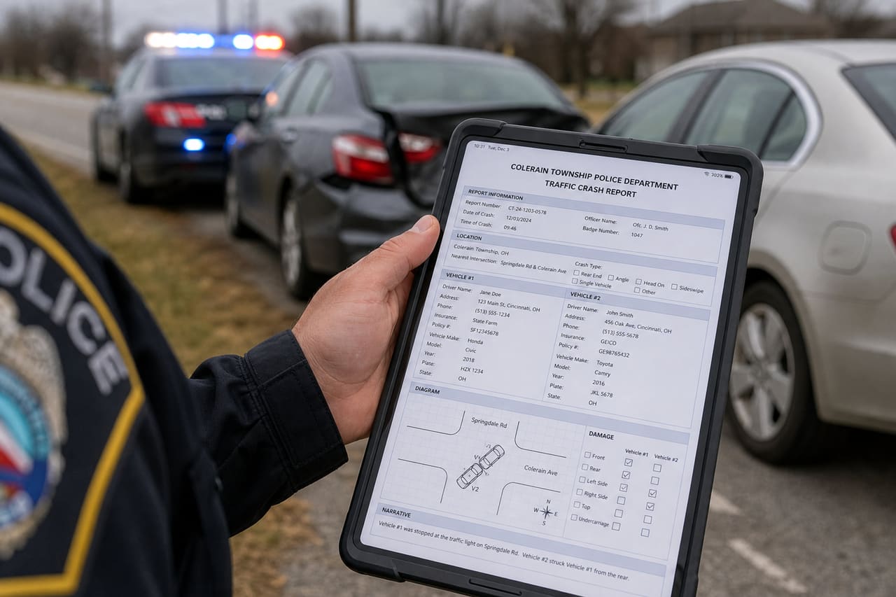 Police Officer Filing a Traffic Accident Report on a Tablet