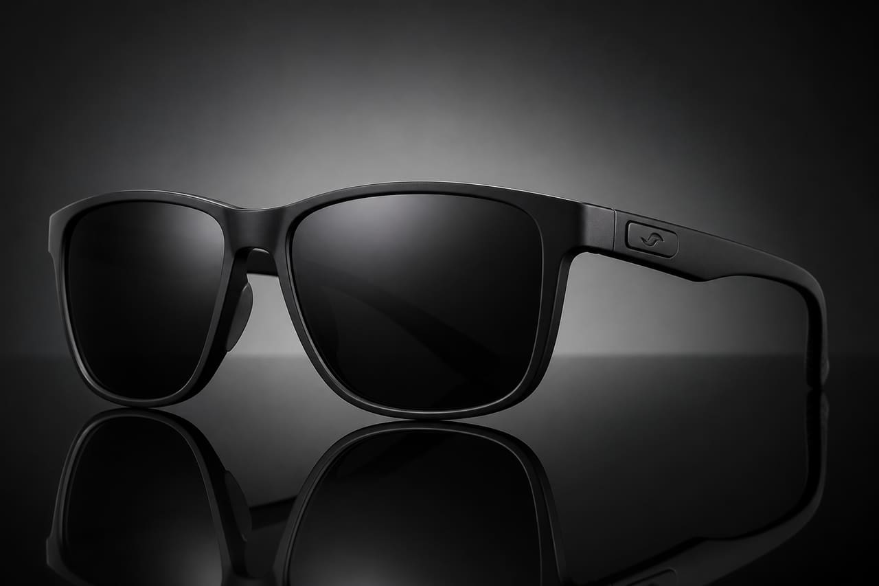 Modern Polarized Sunglasses Resting on a Reflective Surface