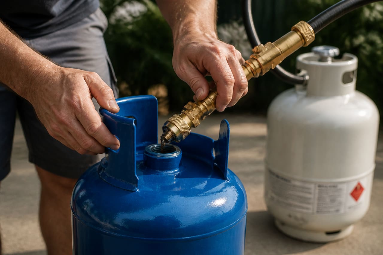 Person Refilling a Blue Propane Tank in a Backyard