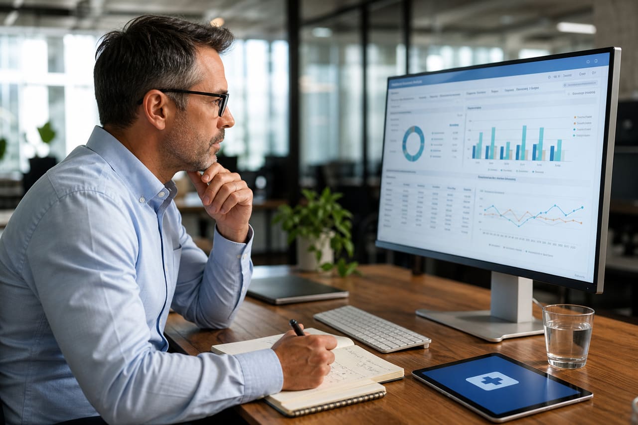 Health Economics Consultant Analyzing Data in Modern Office