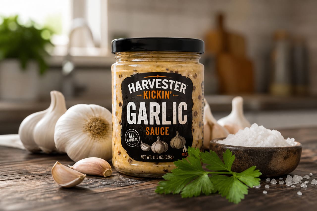 Gourmet Jar of Harvester Kickin Garlic Sauce on Rustic Wood