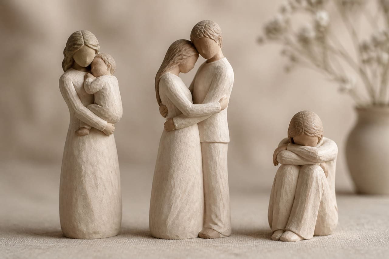 Minimalist Faceless Figurines Arranged on a Linen Surface