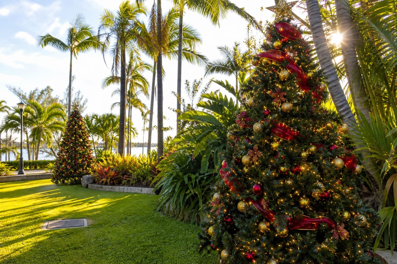 Festive Christmas Trees in a Sunny Sunshine Coast Garden