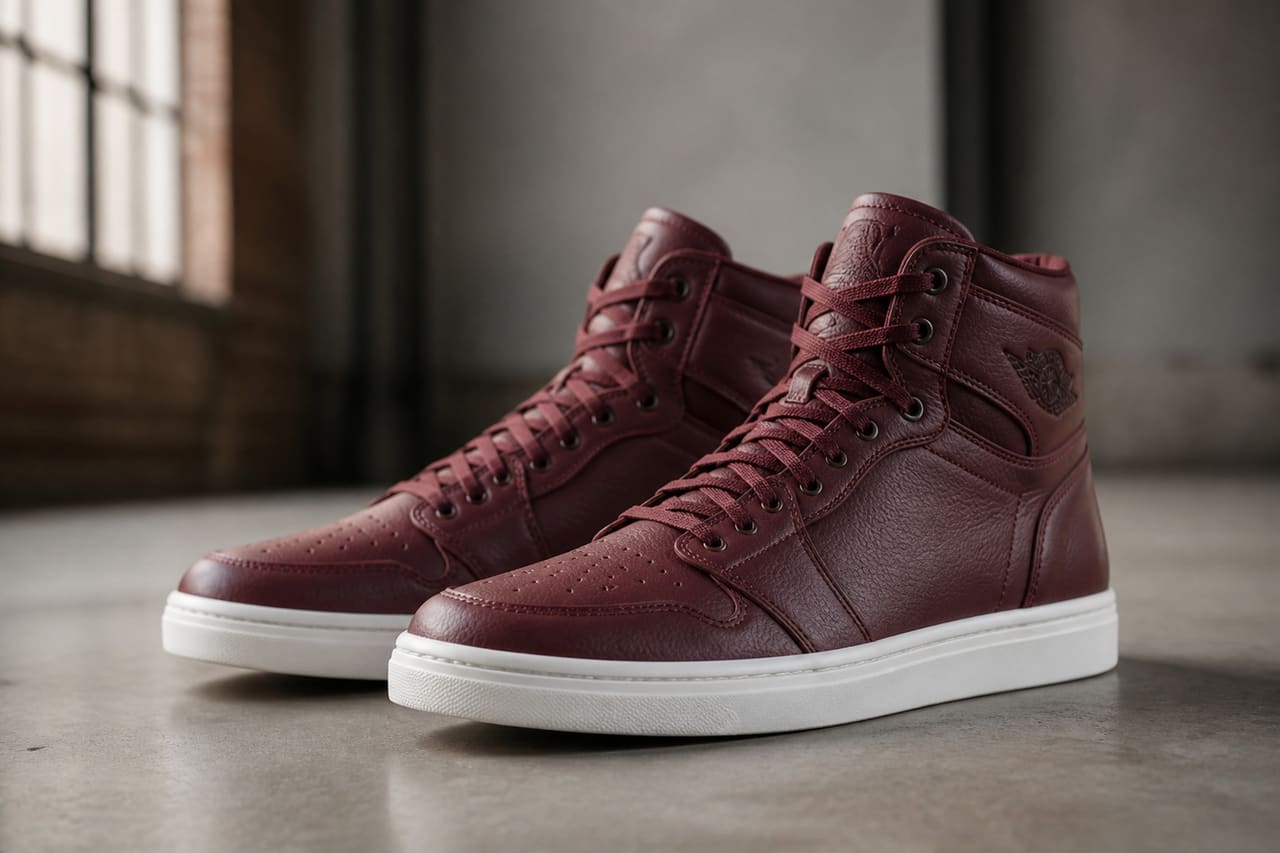 Maroon High Top Sneakers on Grey Concrete Surface