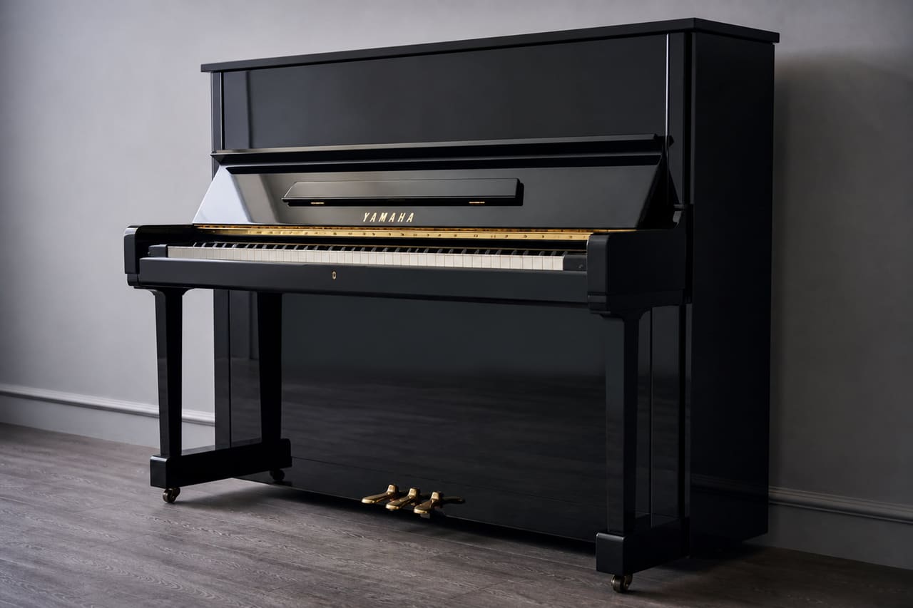 Polished Black Yamaha U3 Upright Piano in Minimalist Studio