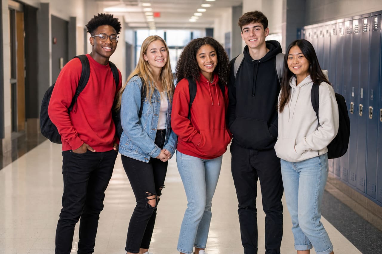 Group of Diverse High School Students Standing Together in a School Hallway