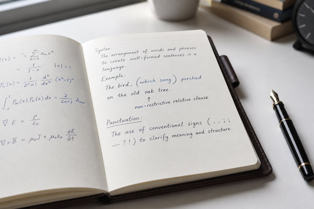 Handwritten Notes with Brackets in a Notebook on a Desk