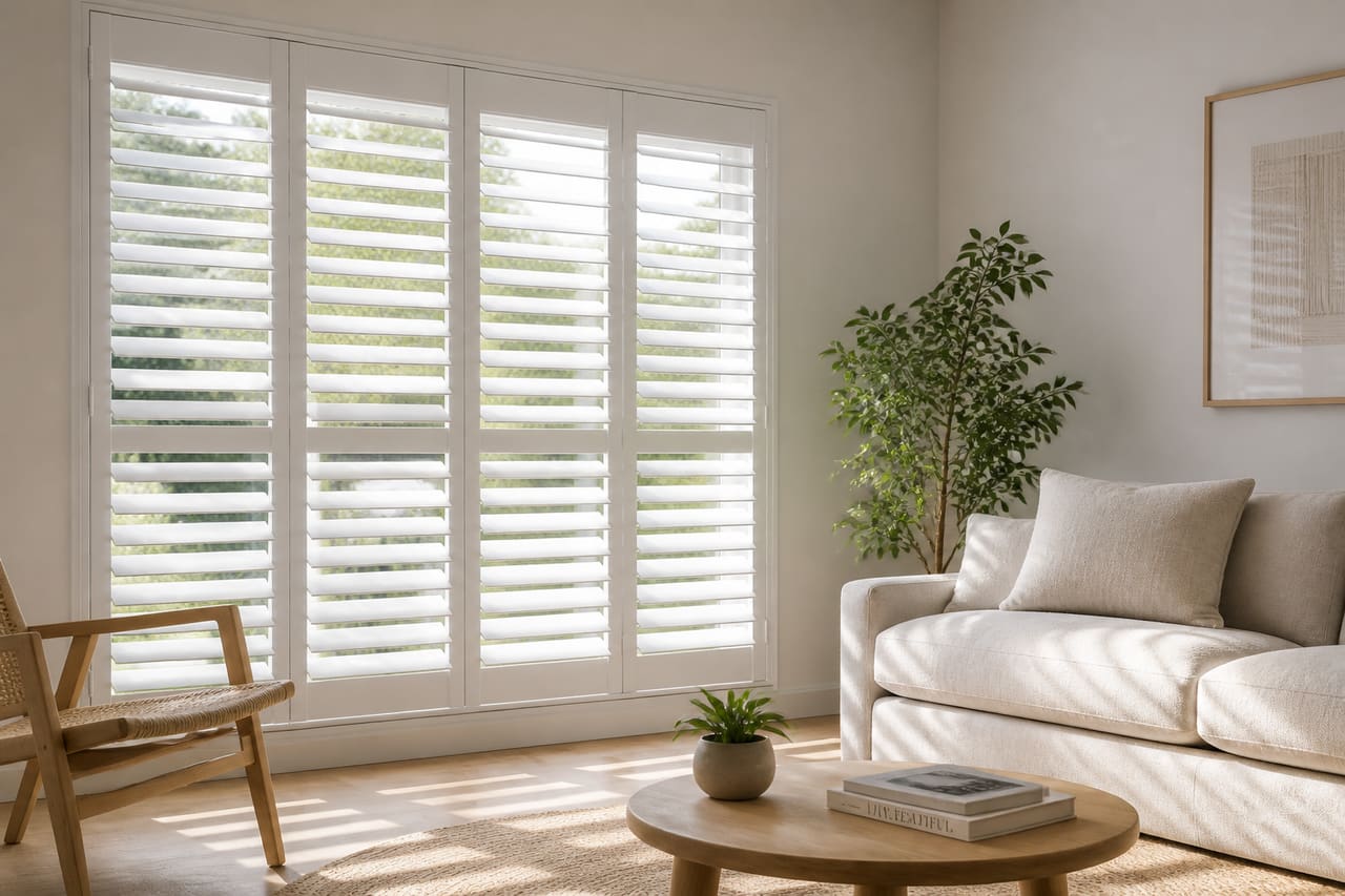 White Poly Plantation Shutters Installed on Large Living Room Window