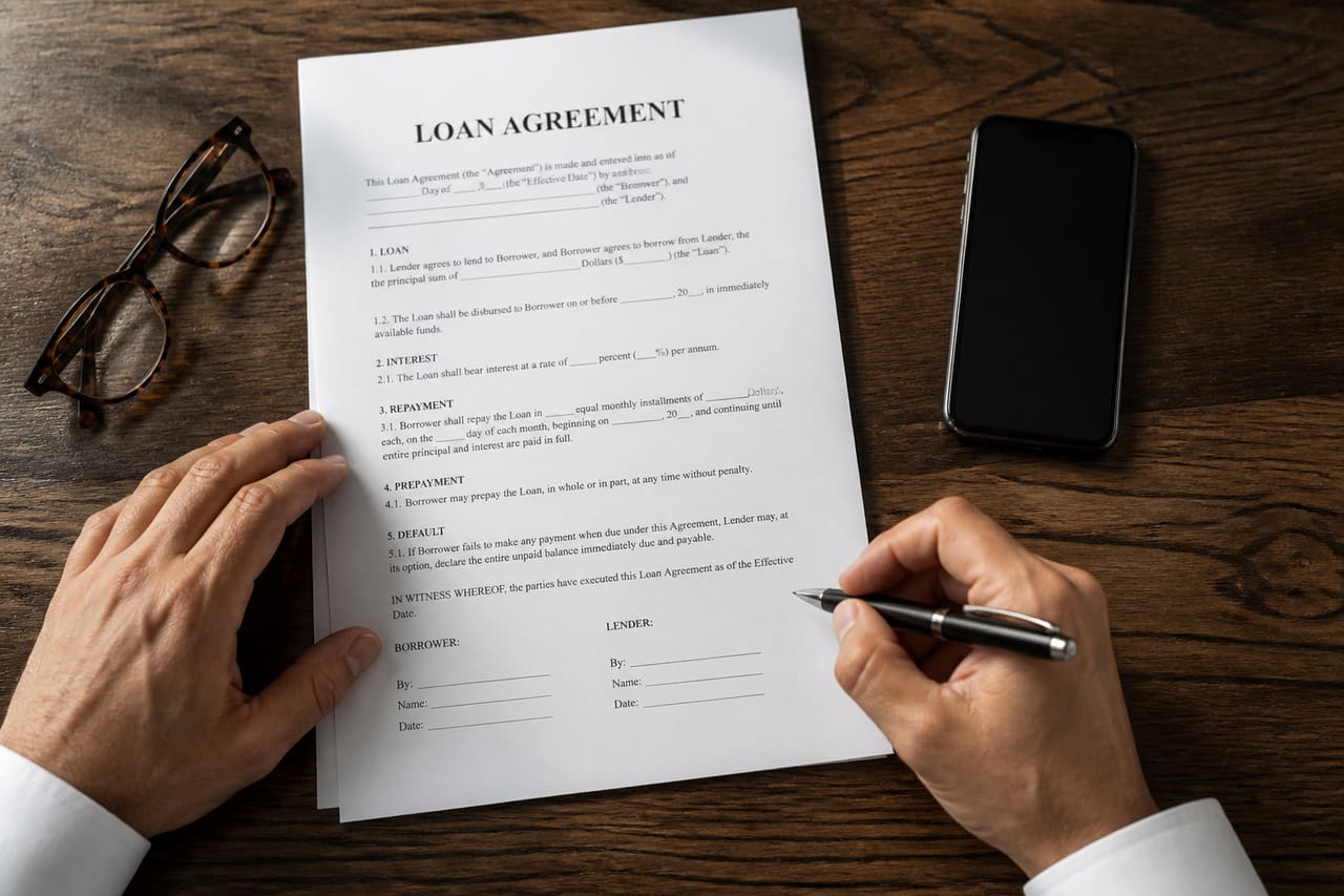 Person Reviewing Loan Documents on a Wooden Table